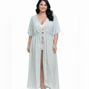 Chic Floral Maxi Kimono Dress in Soft Blue